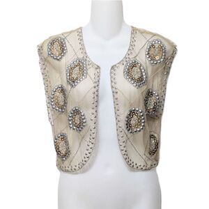 MOYNA Beaded Lace Mesh Studded Vest Cardigan S